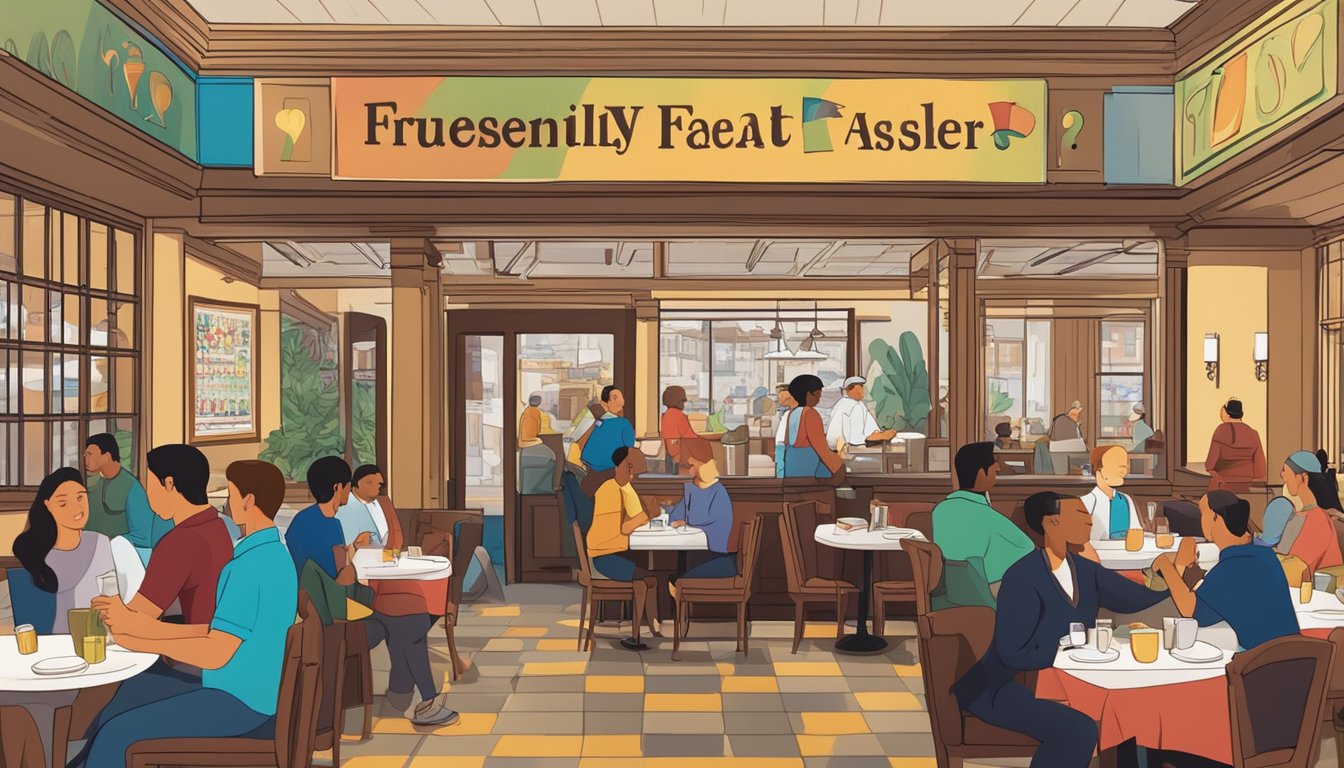 A bustling restaurant with colorful decor, tables filled with diners, and waitstaff moving swiftly. A sign reading "Frequently Asked Questions" hangs above the entrance