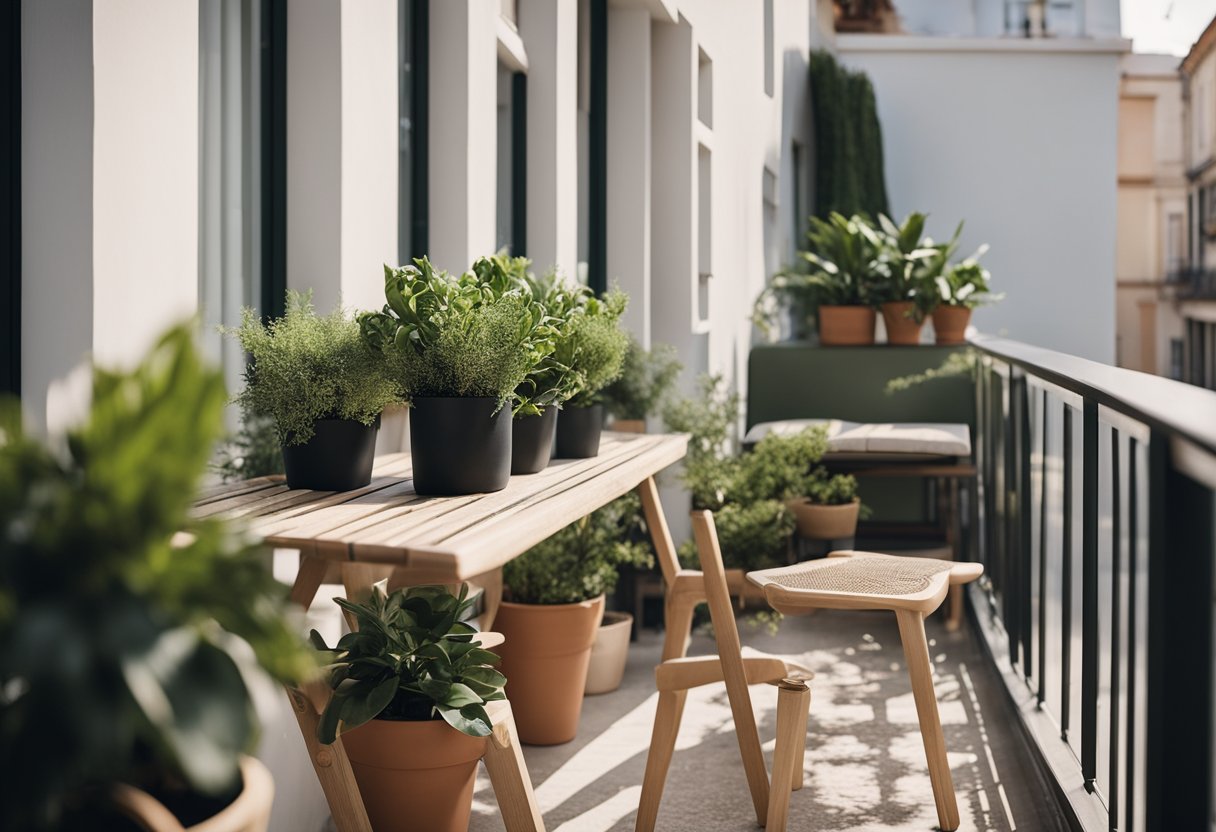 A small balcony with minimalistic décor, featuring potted plants, a cozy seating area, and a simple railing design