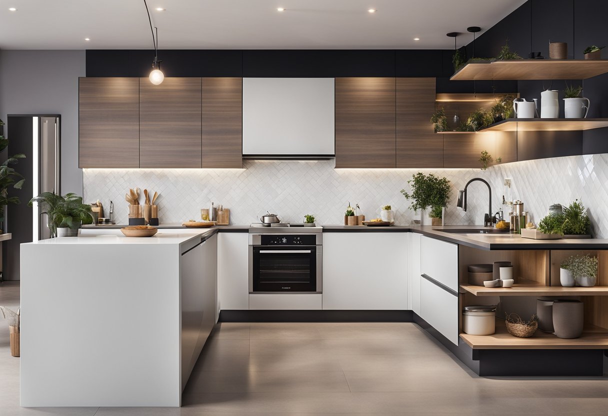 A spacious, modern kitchen with modular L-shape design. Sleek cabinets, integrated appliances, and ample counter space. Bright lighting and clean lines