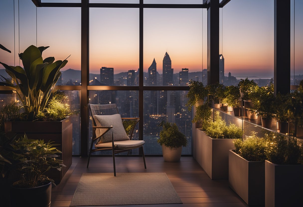 A modern balcony with sleek furniture, potted plants, and string lights. Glass railing overlooks city skyline at dusk