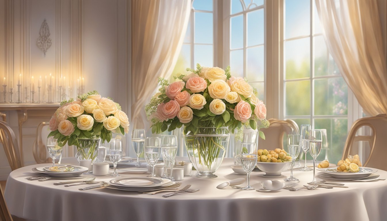The elegant table is set with fine china, sparkling glassware, and a centerpiece of fresh flowers. Soft lighting casts a warm glow over the dining area, creating an inviting and intimate atmosphere