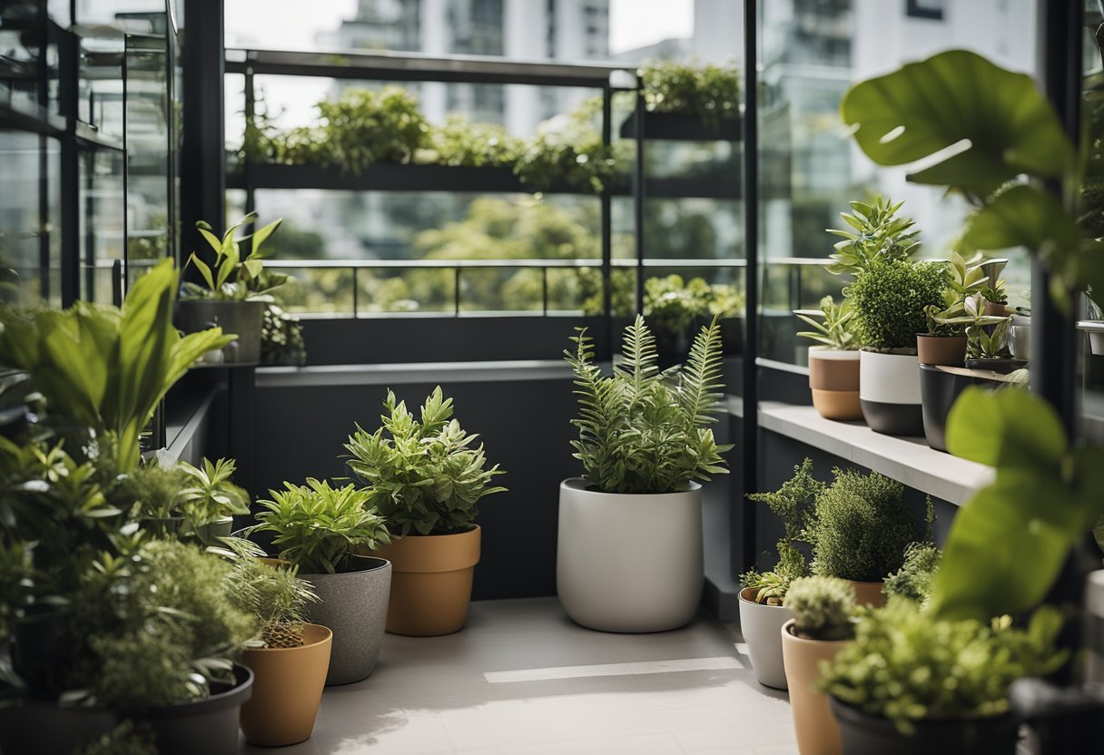 A small HDB balcony with clever storage solutions, potted plants, and cozy seating area. Creative use of space and functional design ideas