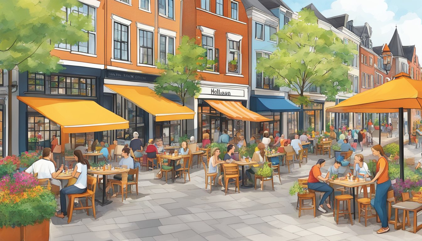 A bustling street lined with diverse restaurants, colorful outdoor patios, and tantalizing aromas wafting through the air in Holland Village