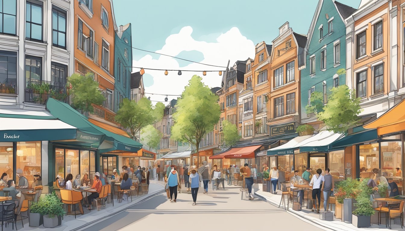 A bustling street lined with diverse restaurants and cafes, filled with people chatting, dining, and enjoying the vibrant atmosphere of Holland Village