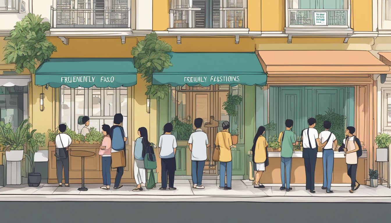 Customers lining up outside Mimi Restaurant in Singapore, with a sign displaying "Frequently Asked Questions" prominently at the entrance