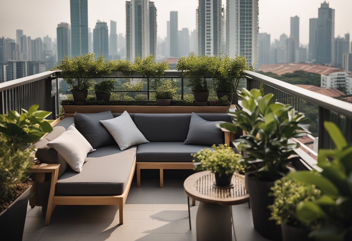 A cozy HDB balcony with a stylish outdoor sofa, potted plants, and a small dining set overlooking the city skyline