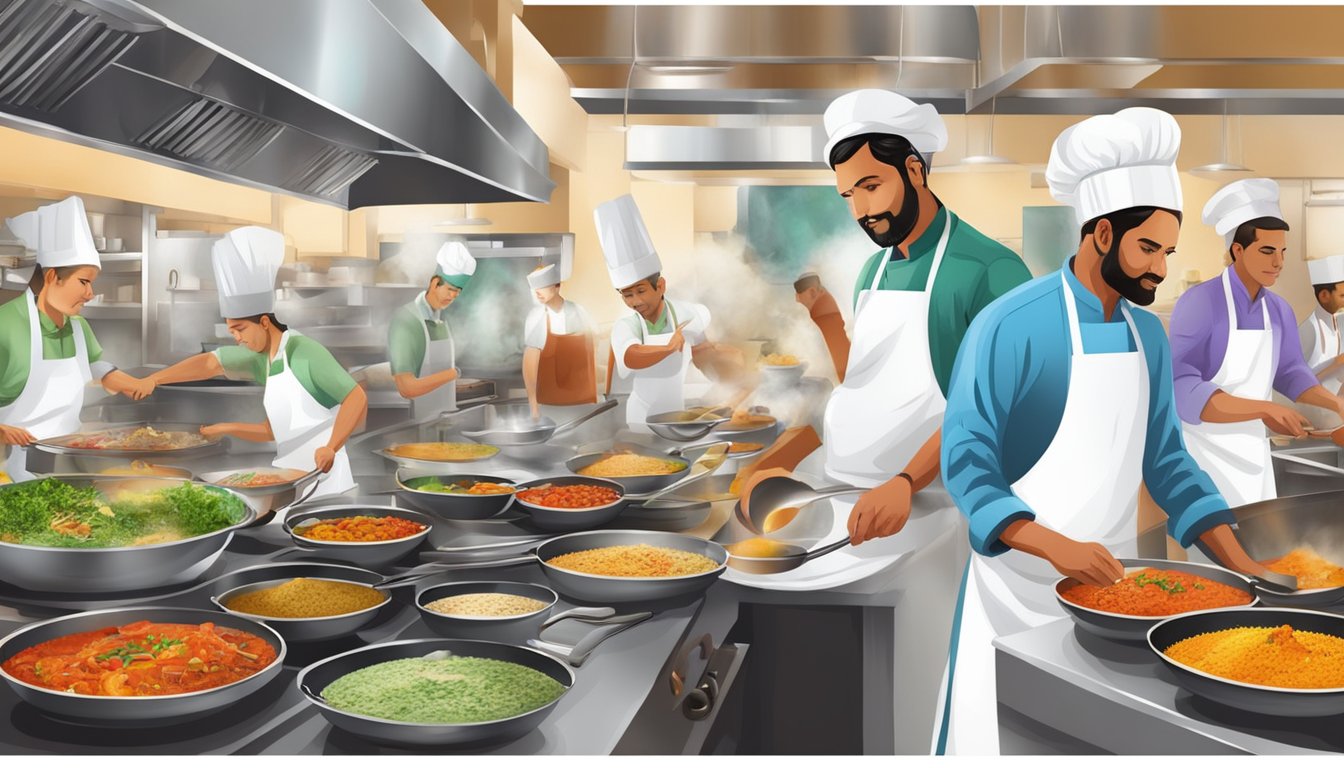 A bustling restaurant kitchen with chefs preparing colorful Indian dishes amidst the aroma of spices and sizzling pans