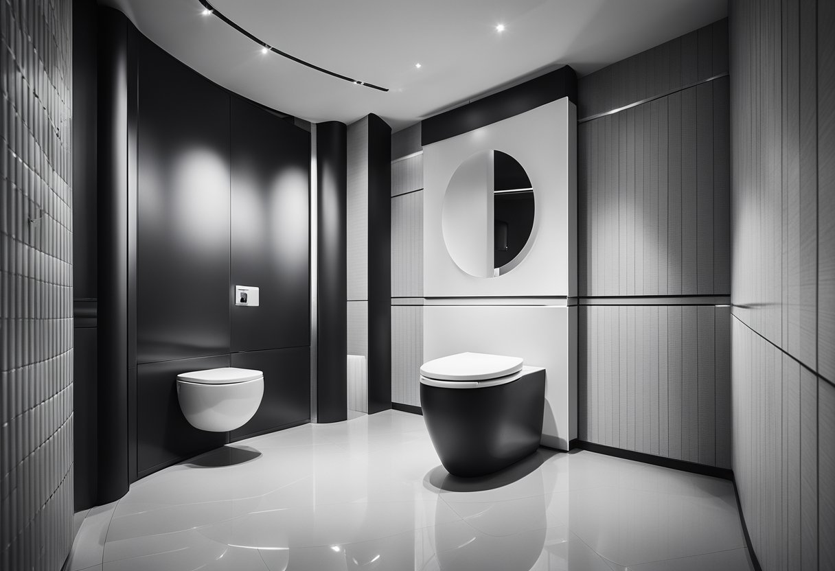 A sleek, modern toilet in black and white with clean lines and minimalistic design