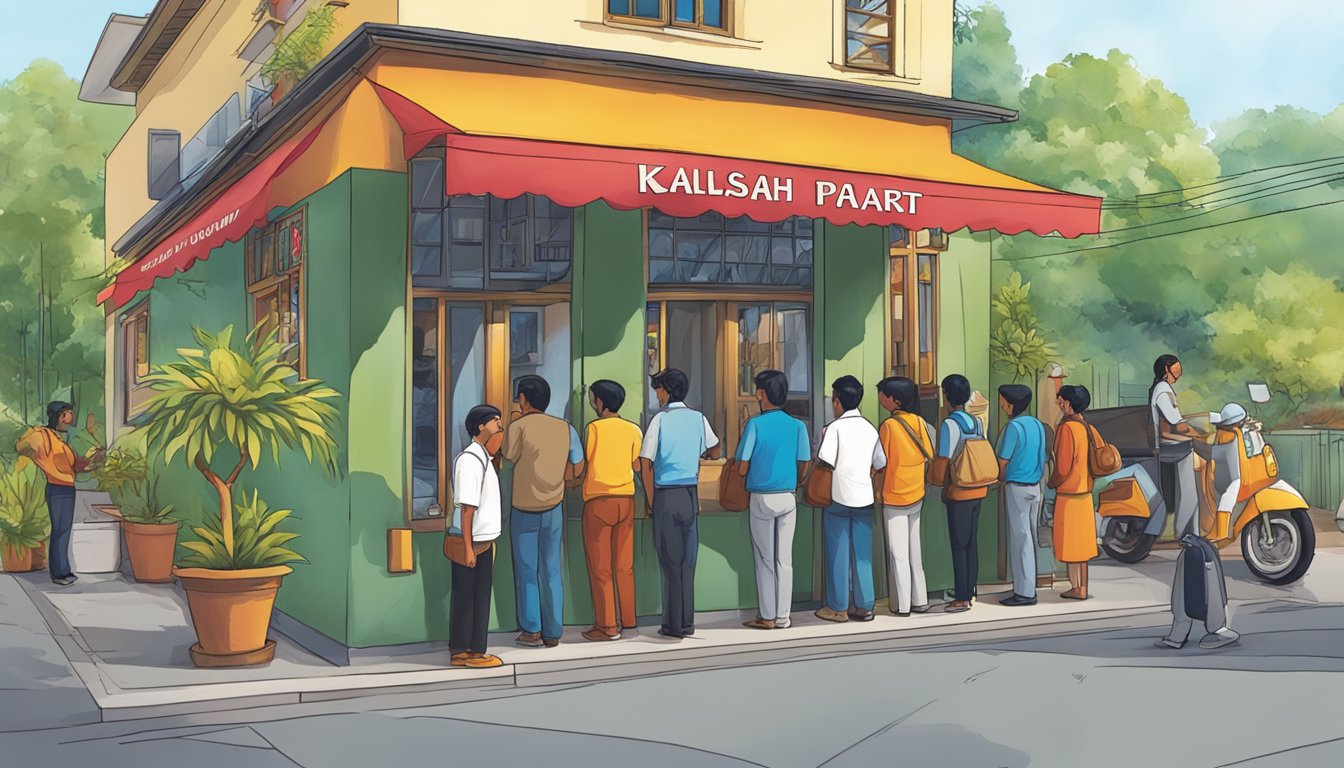 Customers line up outside Kailash Parbat restaurant, eagerly waiting to dine. The vibrant sign and inviting entrance create a welcoming atmosphere