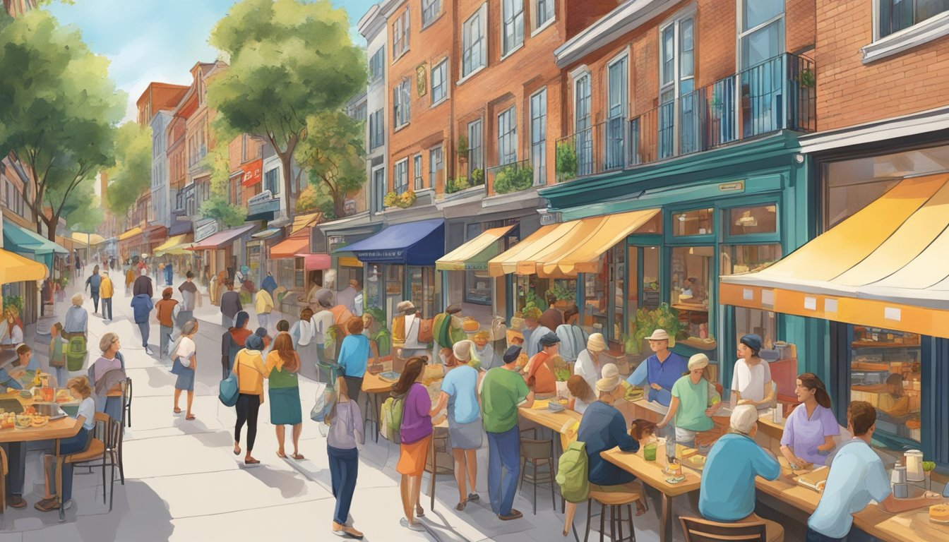 A bustling street lined with colorful restaurants, with people milling about and signs advertising "Frequently Asked Questions" at Holland Village