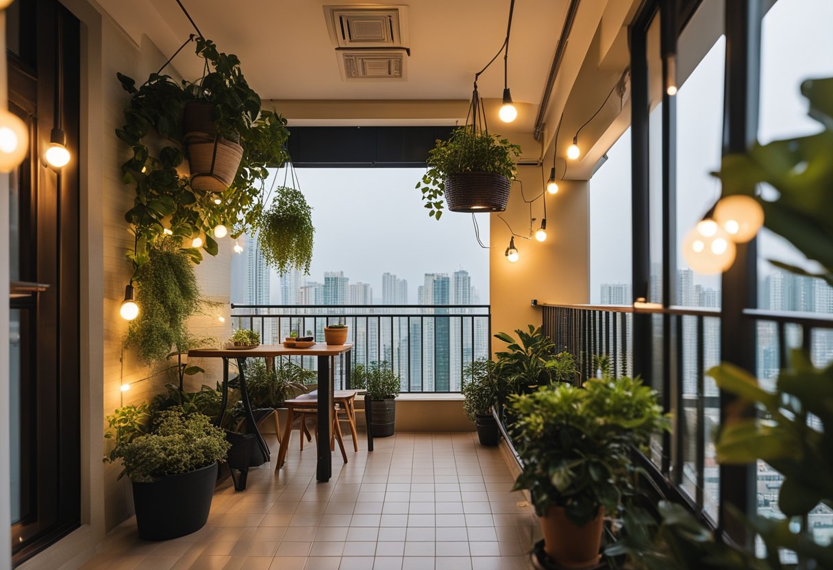 A cozy HDB balcony with potted plants, a small bistro table, and string lights creating a warm and inviting atmosphere
