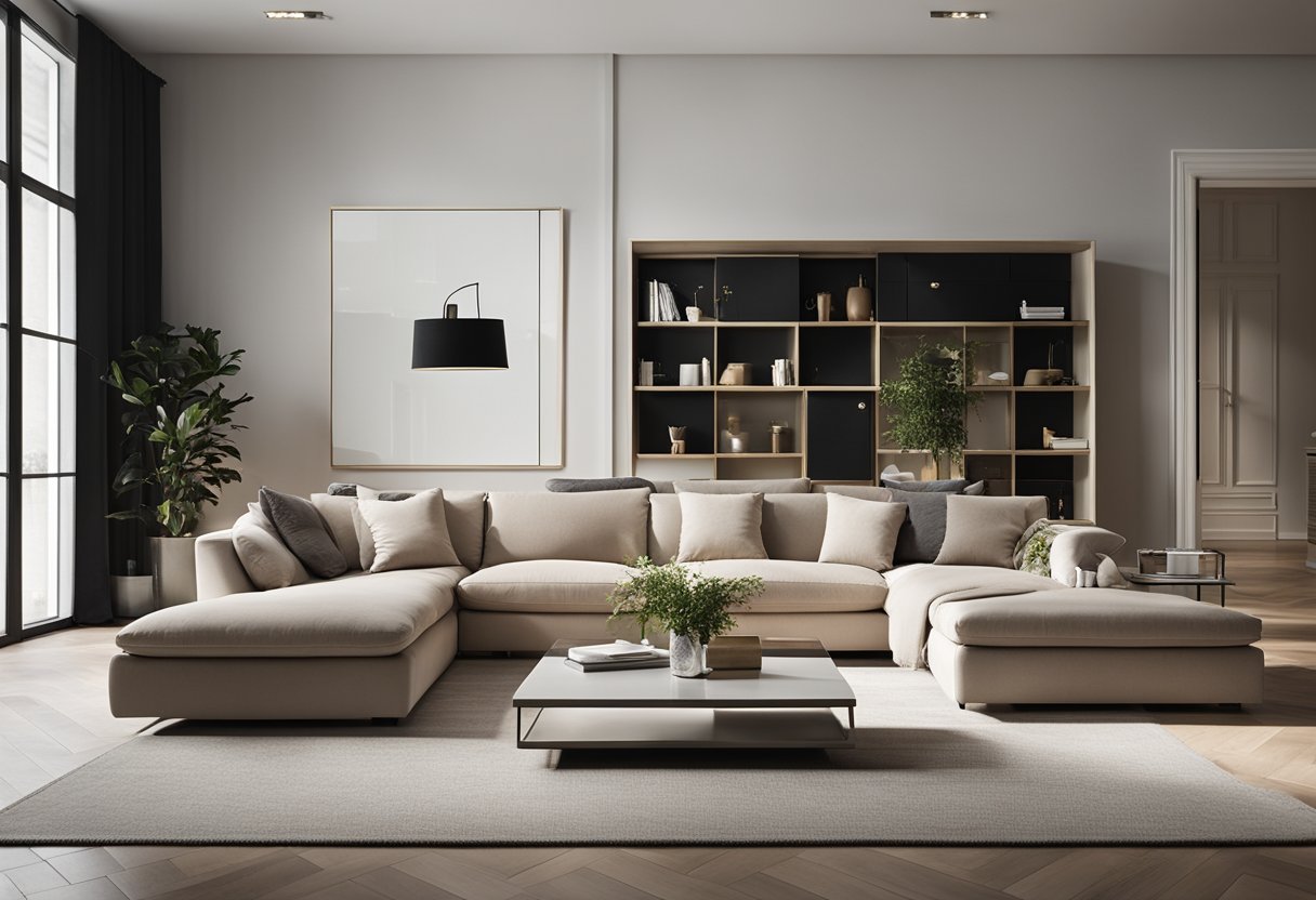 A modern, L-shaped couch with sleek lines and neutral colors sits in a spacious, well-lit living room with minimalist decor