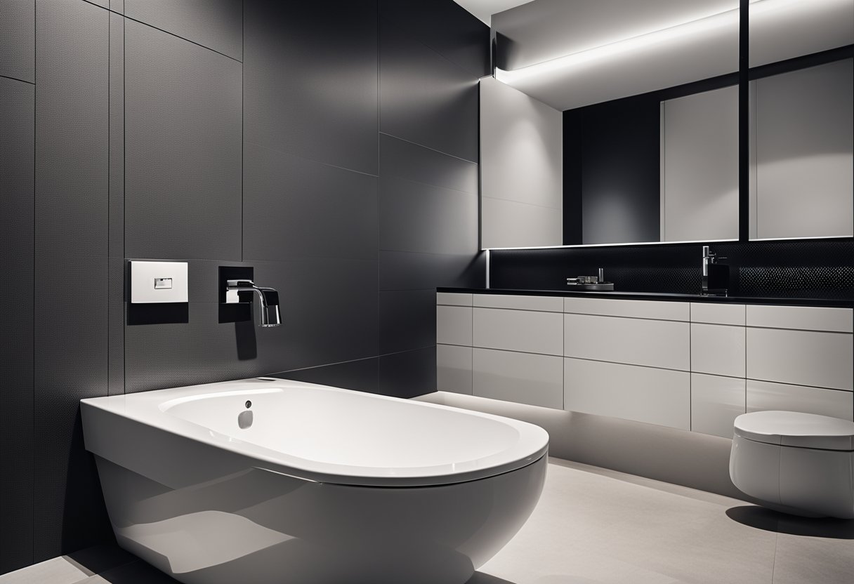 A sleek, modern toilet with black and white color scheme, clean lines, and minimalist fixtures