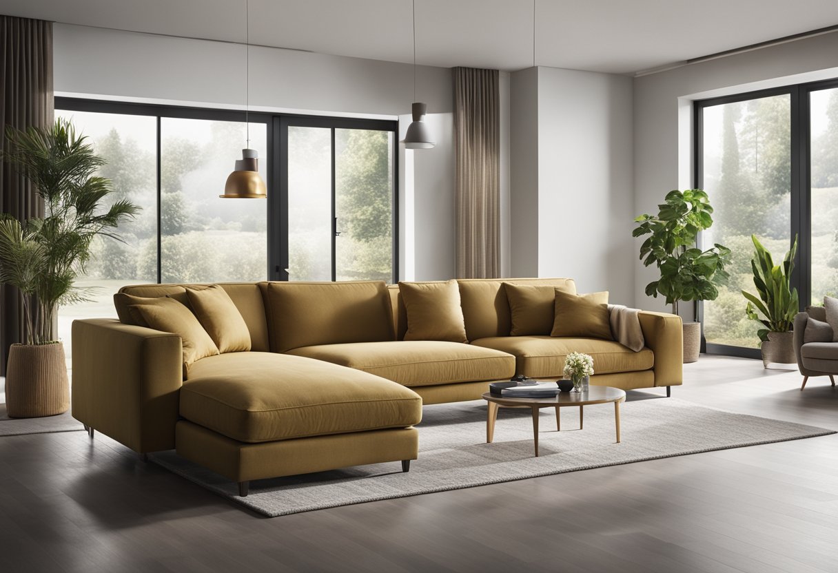 A variety of couch styles and materials are showcased in a spacious living room setting, with different designs arranged for exploration and comparison
