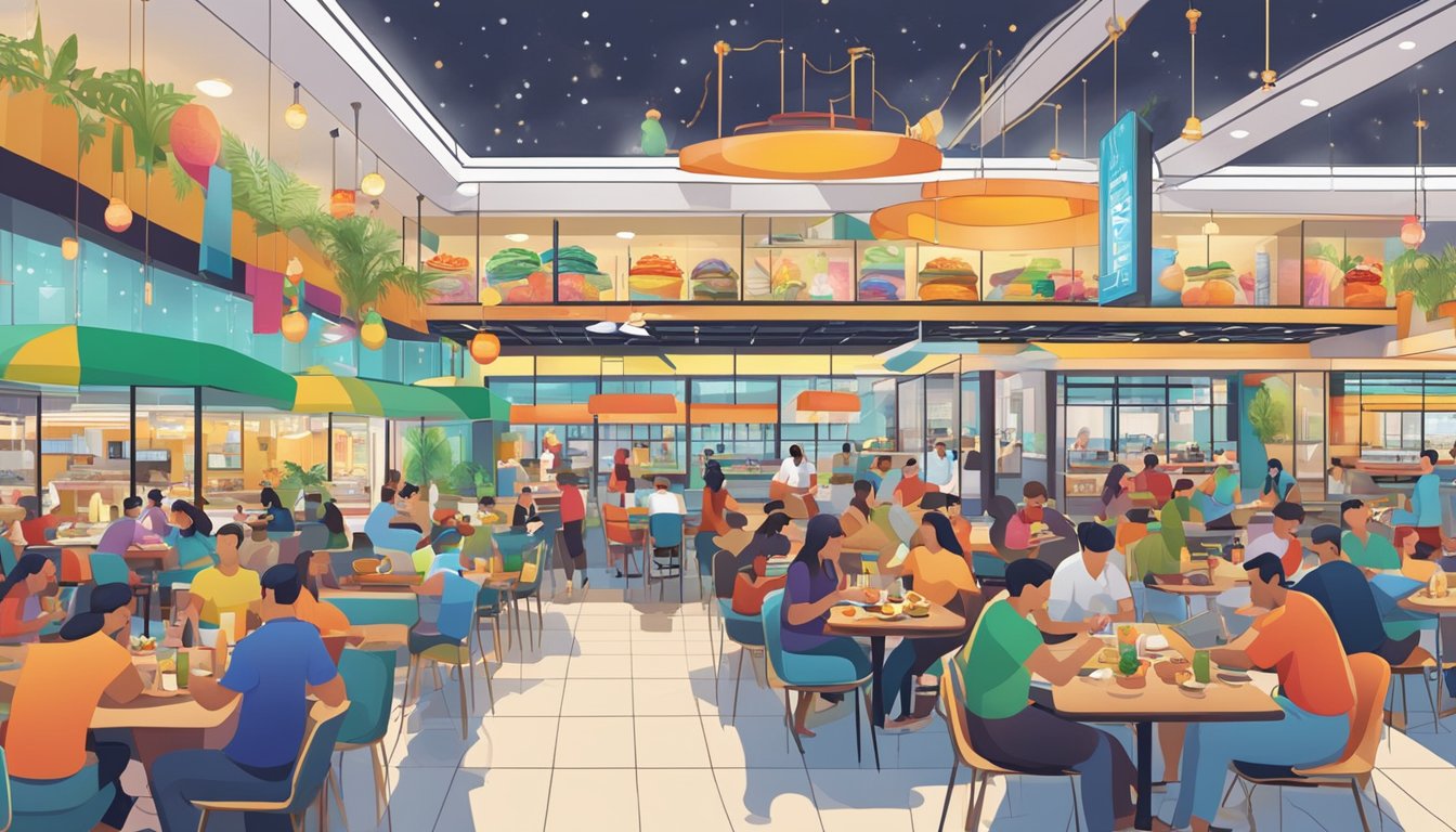 A bustling food court at the star vista, with various restaurants and people enjoying their meals. Bright signage and colorful decor add to the lively atmosphere