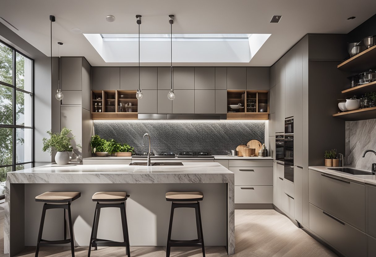 A modern maisonette kitchen with sleek cabinets, marble countertops, stainless steel appliances, and a large window providing natural light
