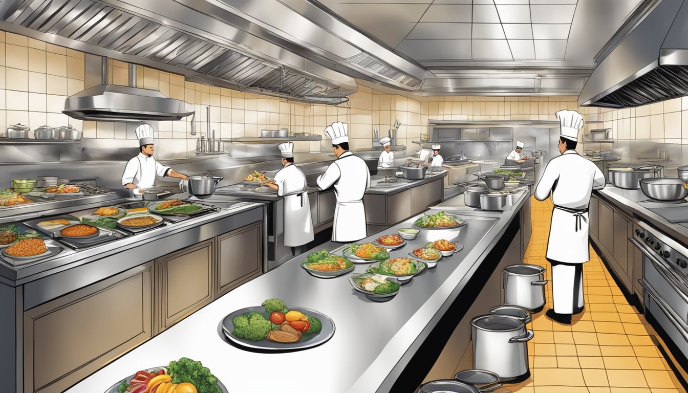 A bustling kitchen with chefs preparing exquisite dishes in a stylish, upscale restaurant setting. A display of colorful, artfully arranged plates showcasing culinary delights
