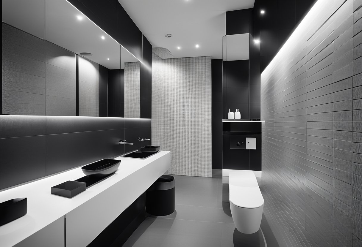 A sleek, modern toilet with clean lines and minimalist accessories in black and white