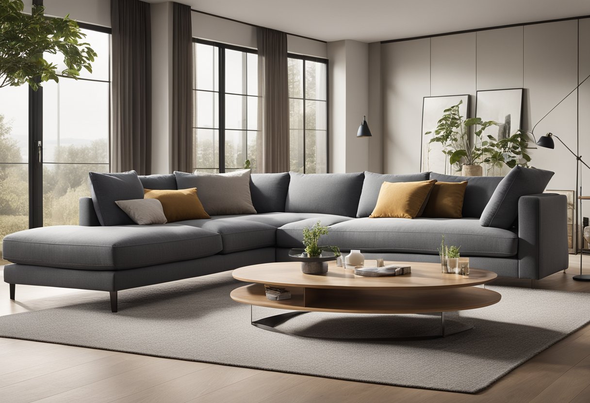 A spacious living room with modern couch designs, a sleek coffee table, and soft area rugs. Natural light floods in from large windows, creating a warm and inviting atmosphere