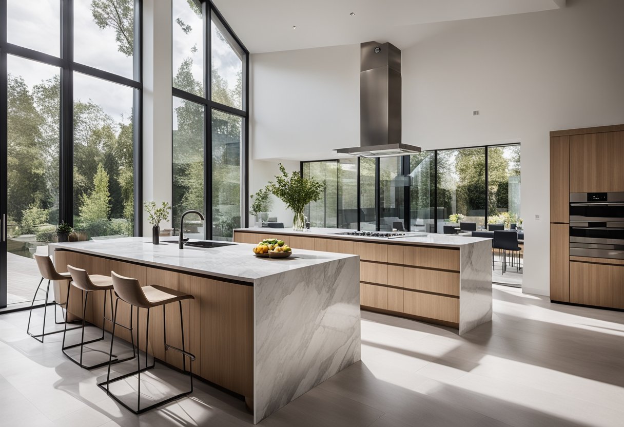 A spacious maisonette kitchen with modern appliances, marble countertops, and a large center island for cooking and dining. Bright natural light floods the room through large windows, illuminating the sleek, minimalist design