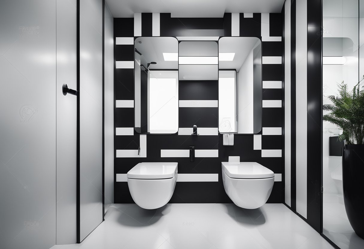 A clean, modern toilet with bold black and white patterns