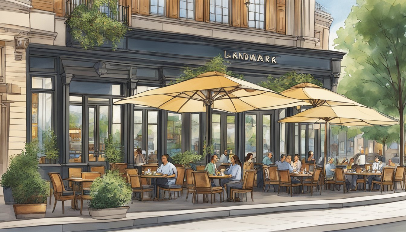 The Landmark restaurant is nestled in a bustling city square, with a grand entrance and a charming outdoor seating area. The building's architecture is a mix of modern and traditional elements, with large windows allowing glimpses of the lively interior