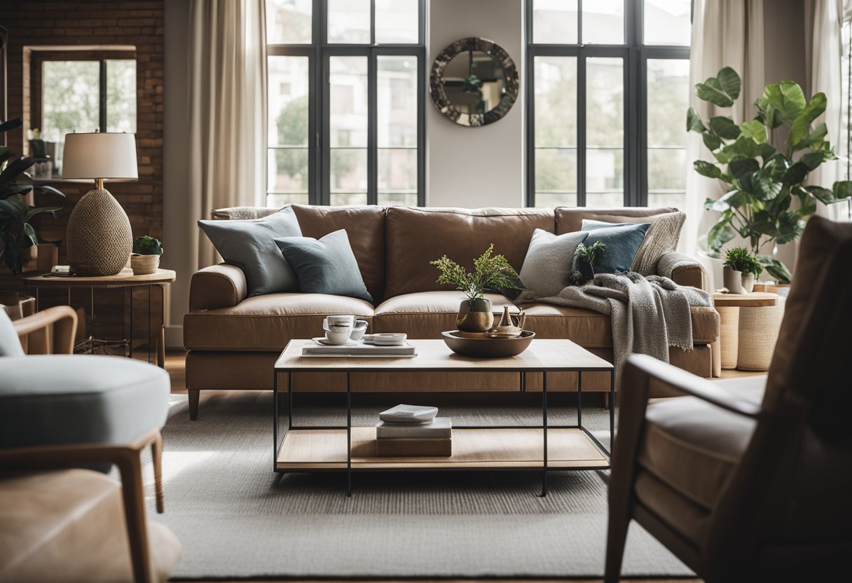 A cozy living room with various couch designs arranged neatly, with a coffee table in the center. Bright natural light filters in through the windows, creating a warm and inviting atmosphere