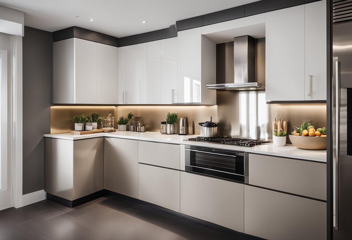 A modern, sleek kitchen with clean lines, minimalist decor, and high-end appliances. The color scheme is neutral with pops of metallic accents, and the overall aesthetic is sophisticated and luxurious