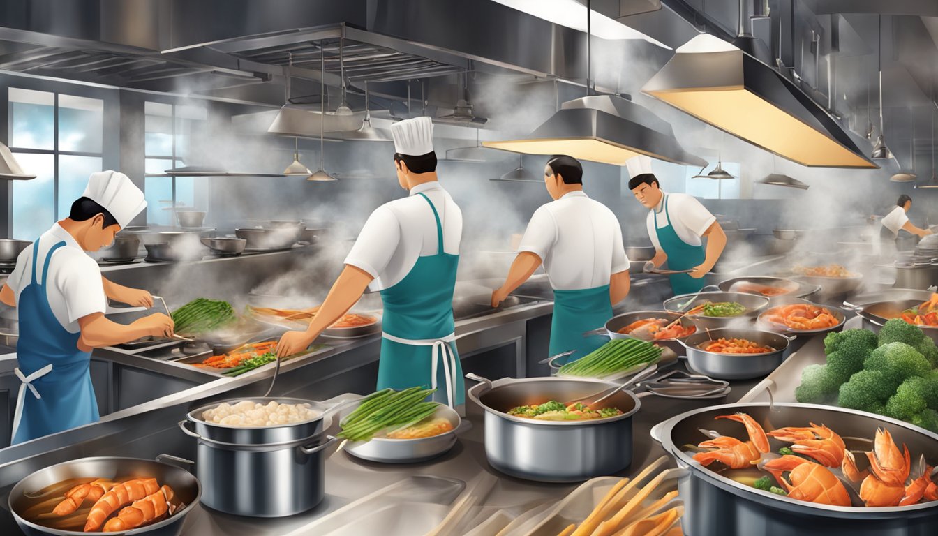 A bustling restaurant kitchen with chefs preparing fresh seafood and vegetables, surrounded by steaming pots and sizzling woks