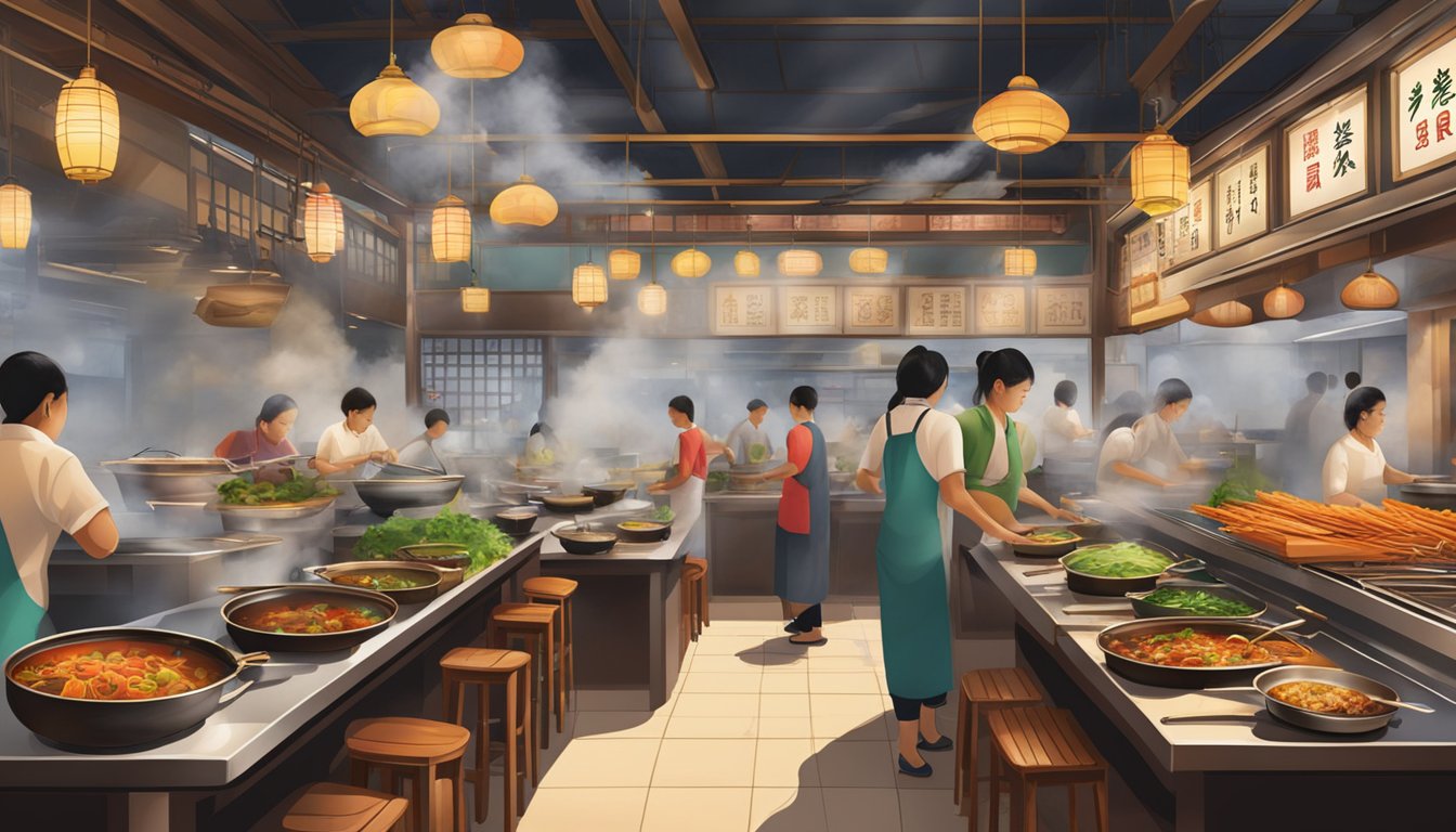 The bustling Boon Tong Kee restaurant, with steaming pots and sizzling woks, filled with the aroma of savory, traditional Singaporean cuisine