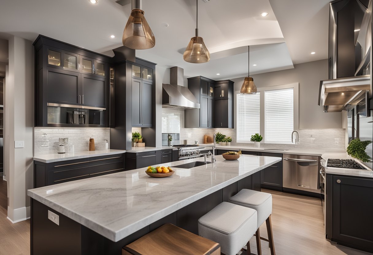 A modern kitchen with sleek cabinets, marble countertops, and a cozy breakfast nook. Bright lighting and clean lines create a welcoming and functional space