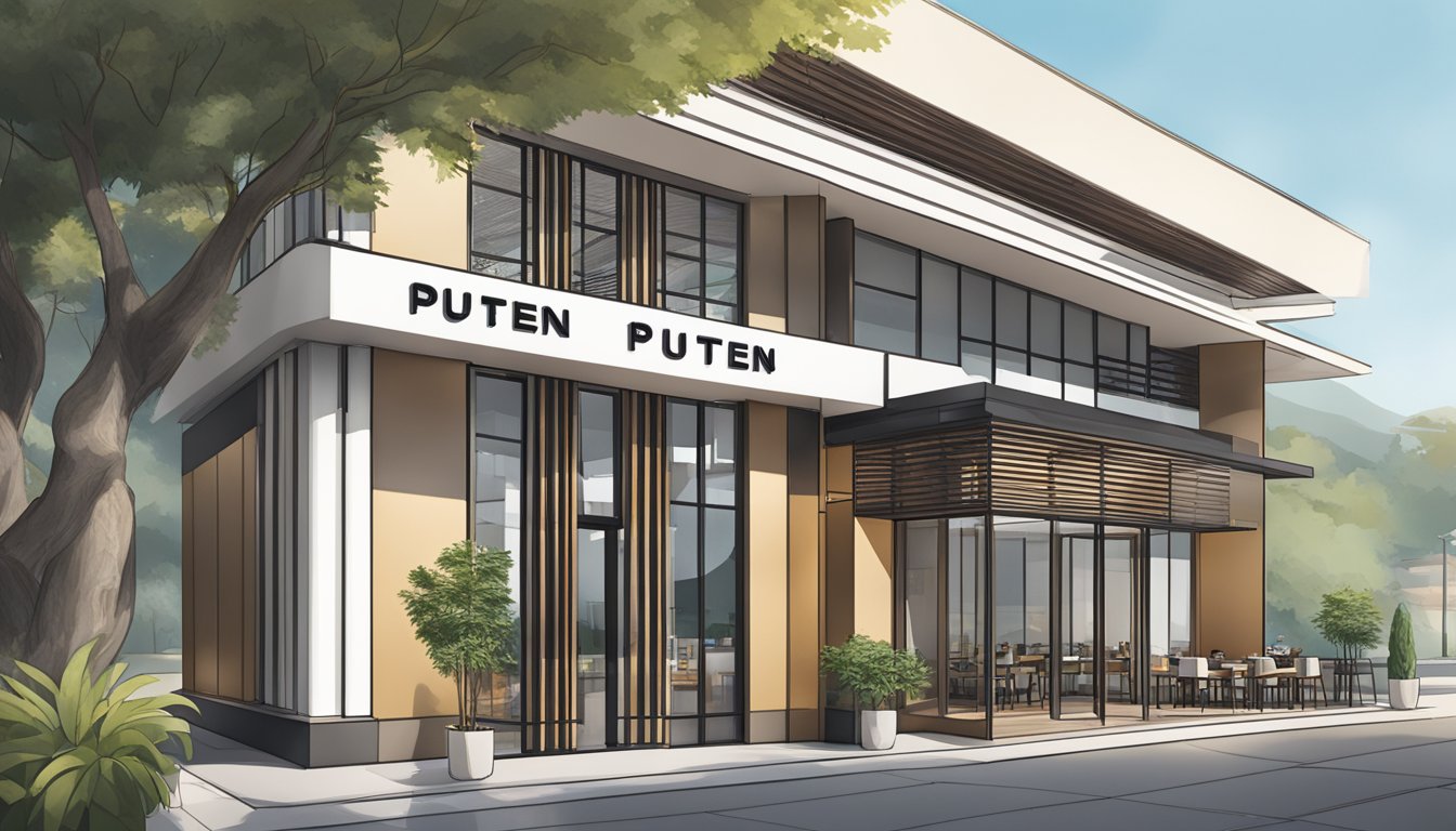 The exterior of Putien restaurant features a modern, minimalist design with clean lines and large windows. A sign at the entrance displays the restaurant's name in bold, elegant lettering