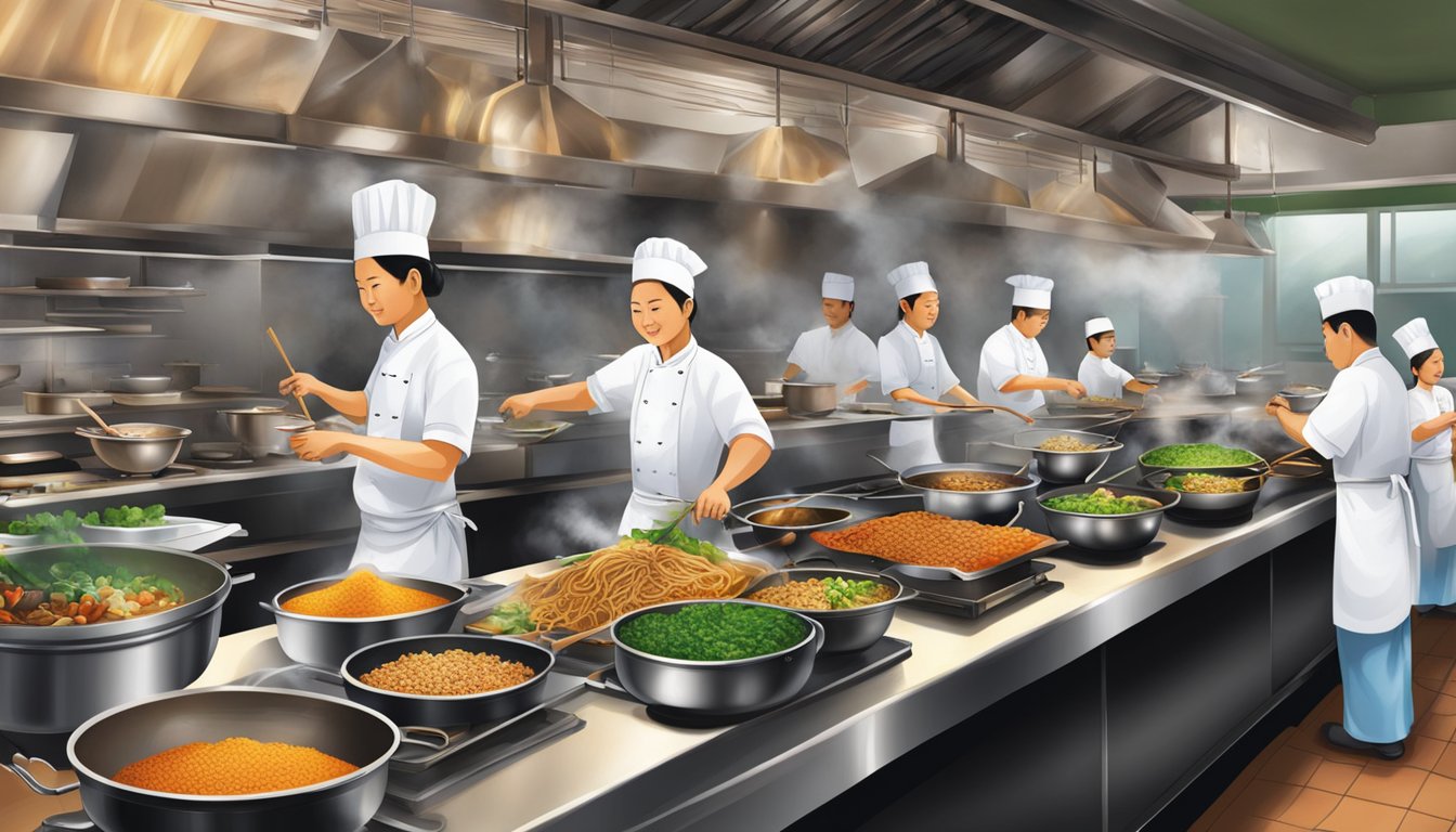 The bustling kitchen of Boon Tong Kee restaurant, filled with sizzling woks, aromatic spices, and chefs expertly preparing culinary delights