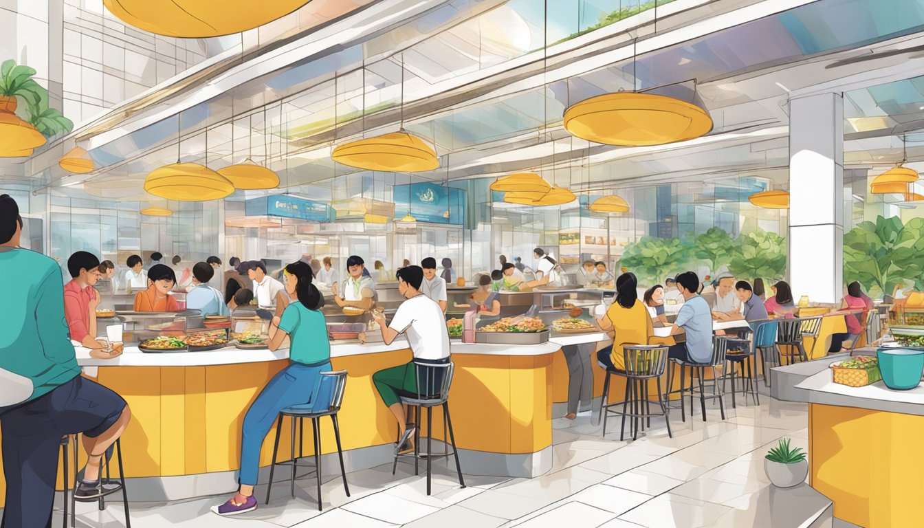 A bustling food court with diverse cuisines, colorful dishes, and lively conversations at Raffles City