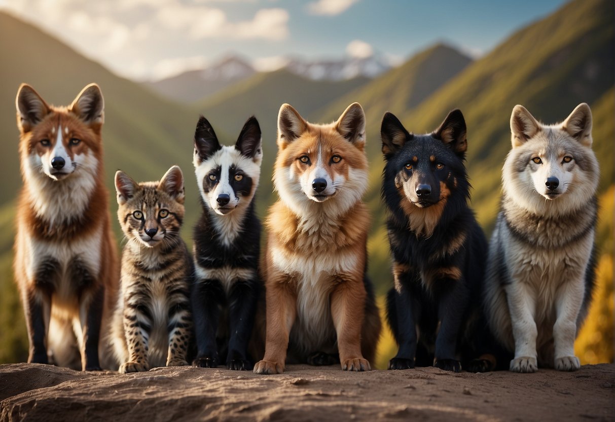 A diverse group of animals with varying eye colors, set against a backdrop of different geographical landscapes