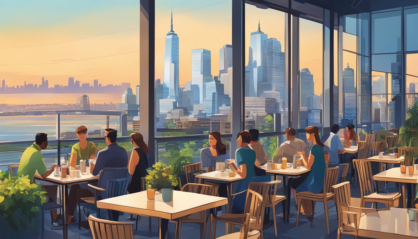 People dining at outdoor cafes with city skyline backdrop
