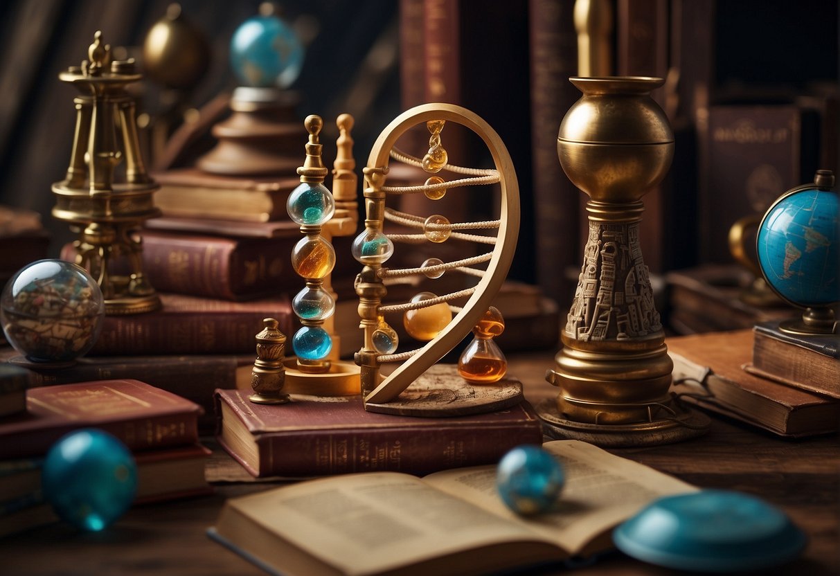 A colorful double helix DNA strand intertwines with ancient cultural symbols, surrounded by scientific instruments and books on genetics