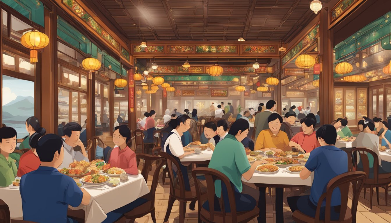 The bustling interior of Imperial Treasure Steamboat restaurant, filled with diners enjoying hotpot and vibrant decor