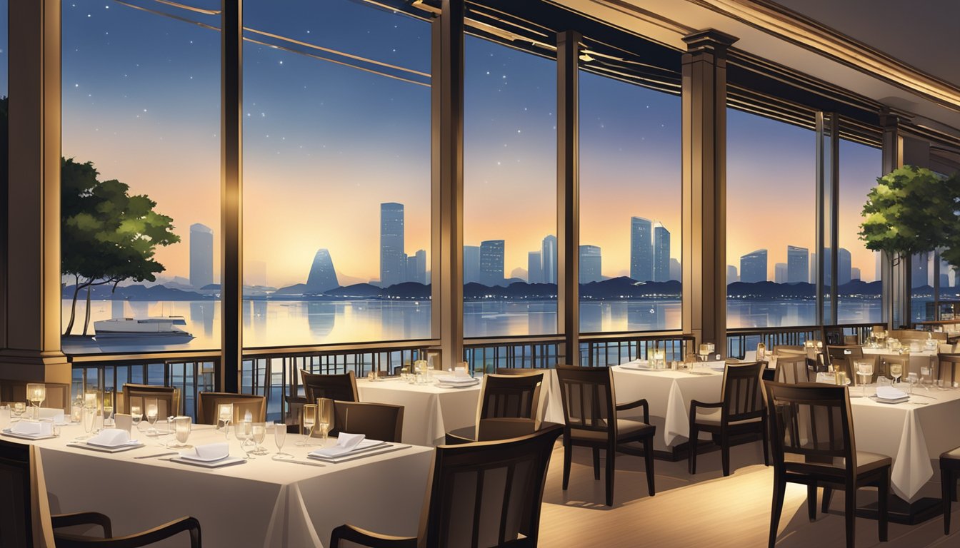 The Fullerton Bay restaurant overlooks the sparkling waterfront, with elegant tables set for dining and soft lighting creating a warm and inviting atmosphere