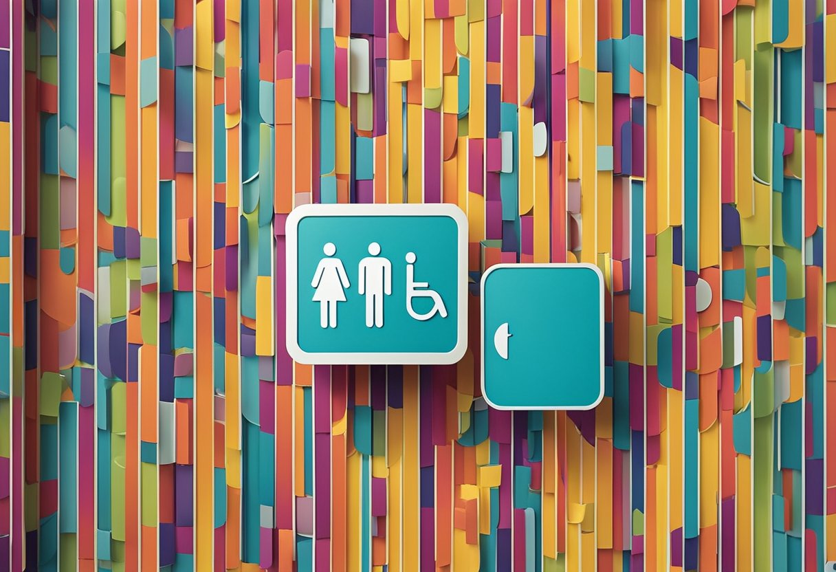 A colorful, abstract toilet sign with playful icons and clear gender symbols. Bold and modern typography. Vibrant and eye-catching design