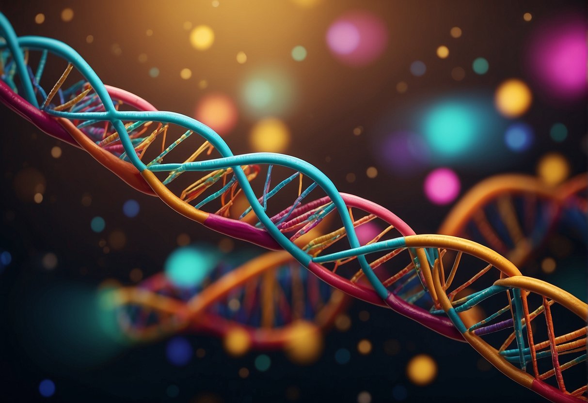 Brightly colored DNA strands intertwine, representing eye color genetics