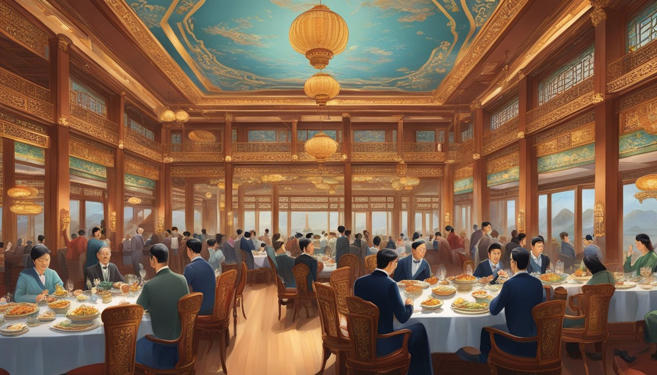 A grand dining hall with opulent decor, adorned with intricate Chinese motifs. A large, ornate steamboat sits in the center, surrounded by diners enjoying a luxurious dining experience