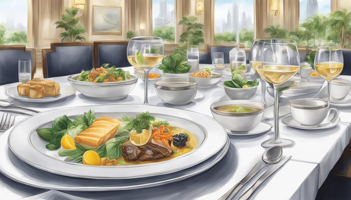 A table set with elegant dishes and menus at Fullerton Bay restaurant