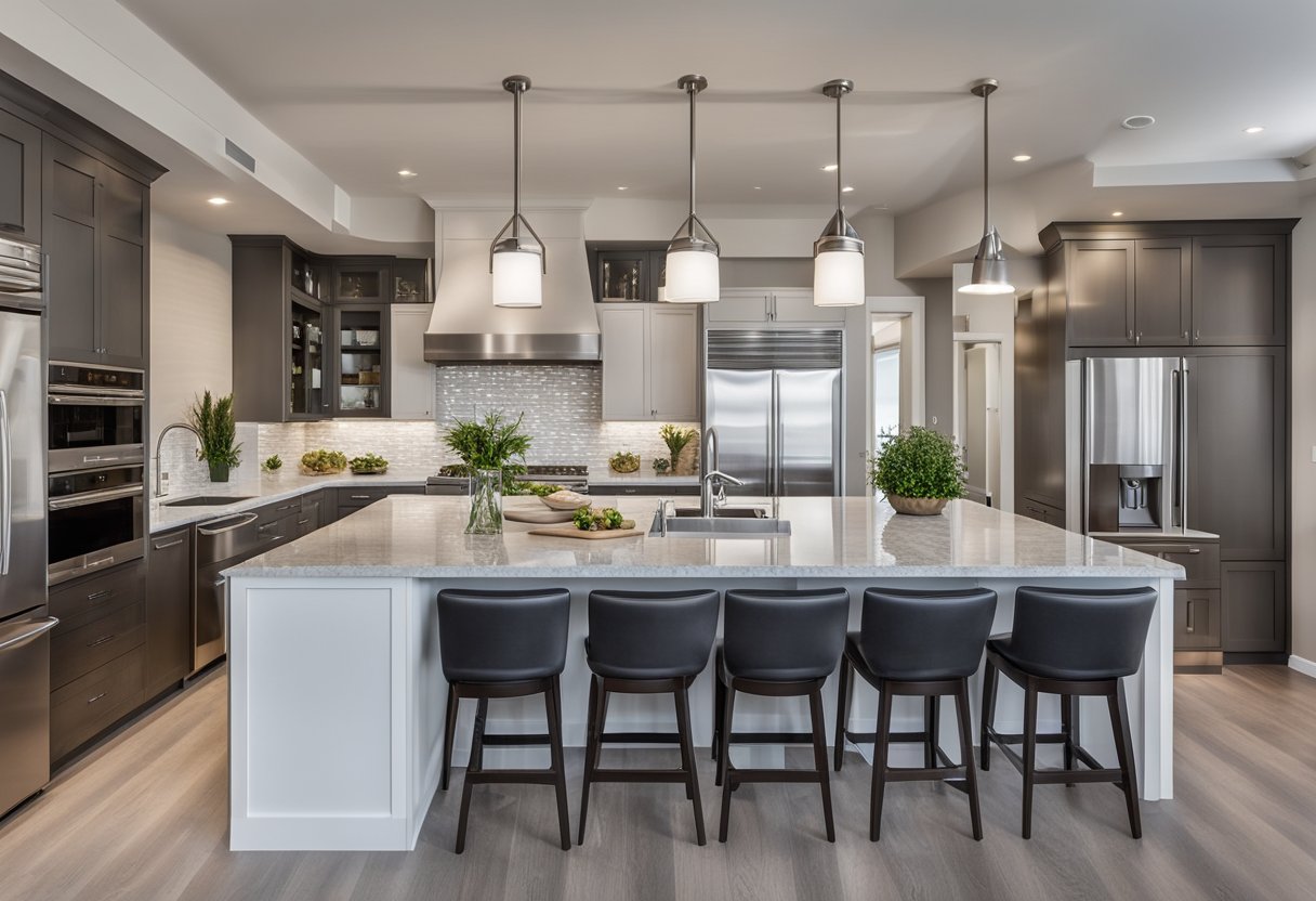 A sleek, open-concept kitchen with stainless steel appliances, quartz countertops, and minimalist cabinetry. A large island with bar seating and pendant lighting completes the modern look