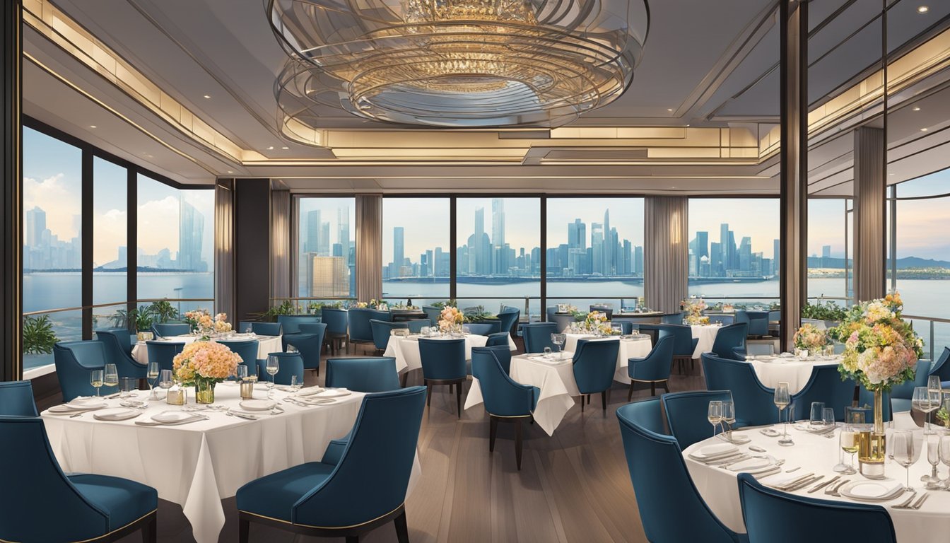 The Fullerton Bay restaurant exudes a sophisticated ambience with panoramic views of the city skyline, set against a backdrop of elegant and modern decor