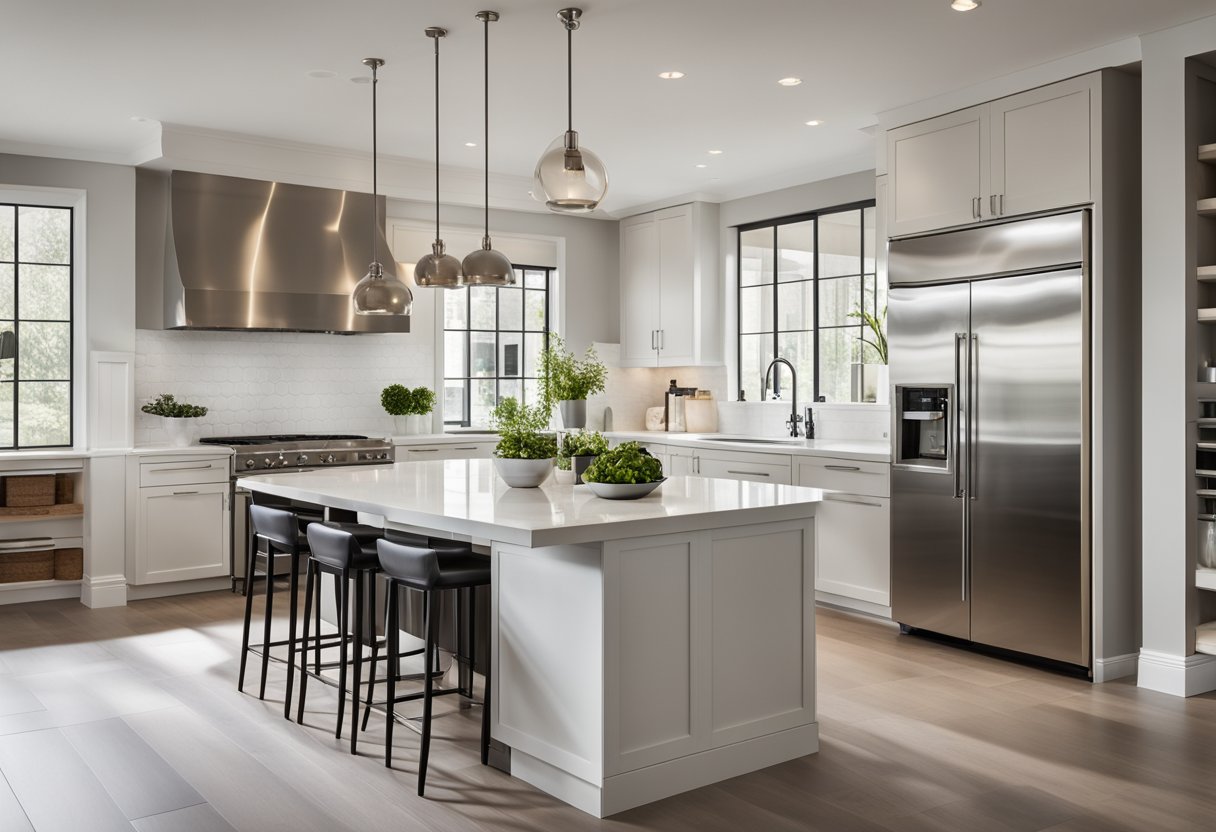 A modern, sleek kitchen with clean lines, stainless steel appliances, and a large central island. The space is well-lit with natural light and features minimalist cabinetry and a neutral color palette