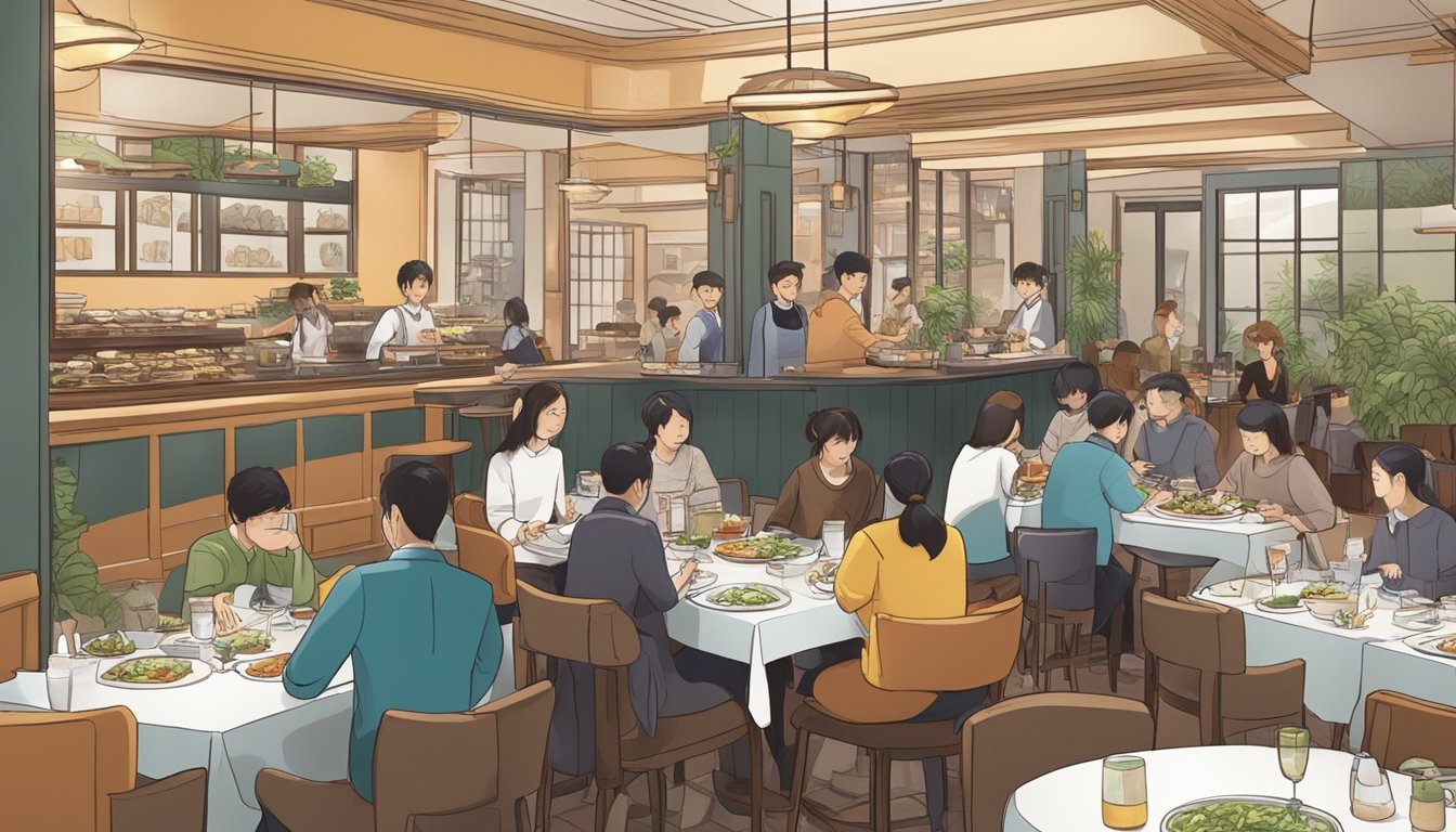 A bustling restaurant with diners enjoying hot pot at their tables, while waitstaff move efficiently through the space, attending to the needs of the guests
