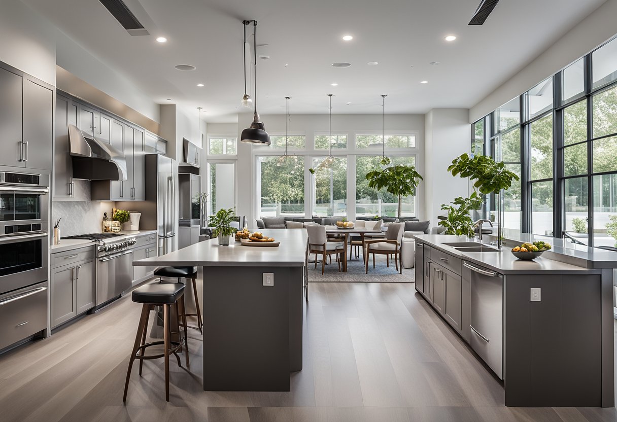 A sleek, open-concept kitchen with clean lines, stainless steel appliances, and a large island with bar seating. The space is flooded with natural light from floor-to-ceiling windows, and the color palette is a mix of cool grays and warm