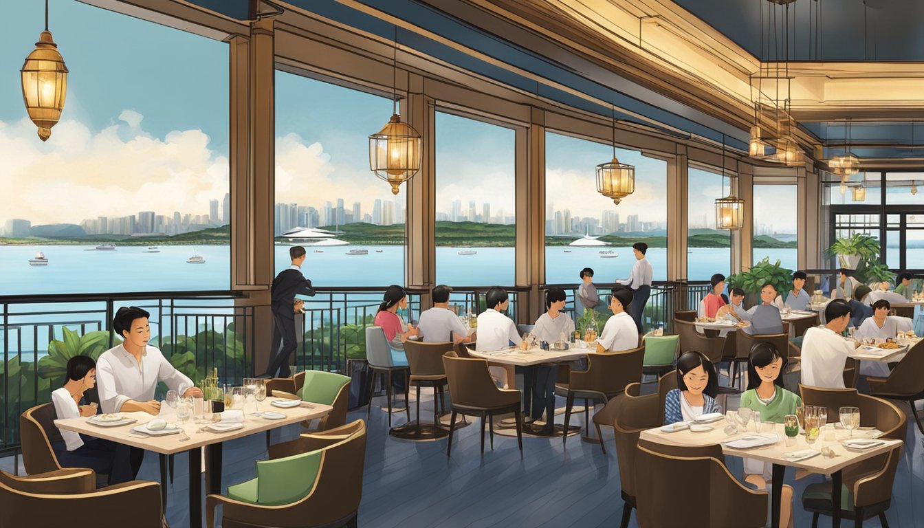 The bustling restaurant at Fullerton Bay is filled with diners enjoying their meals, while staff members attend to their needs. The elegant decor and waterfront view create a vibrant and inviting atmosphere