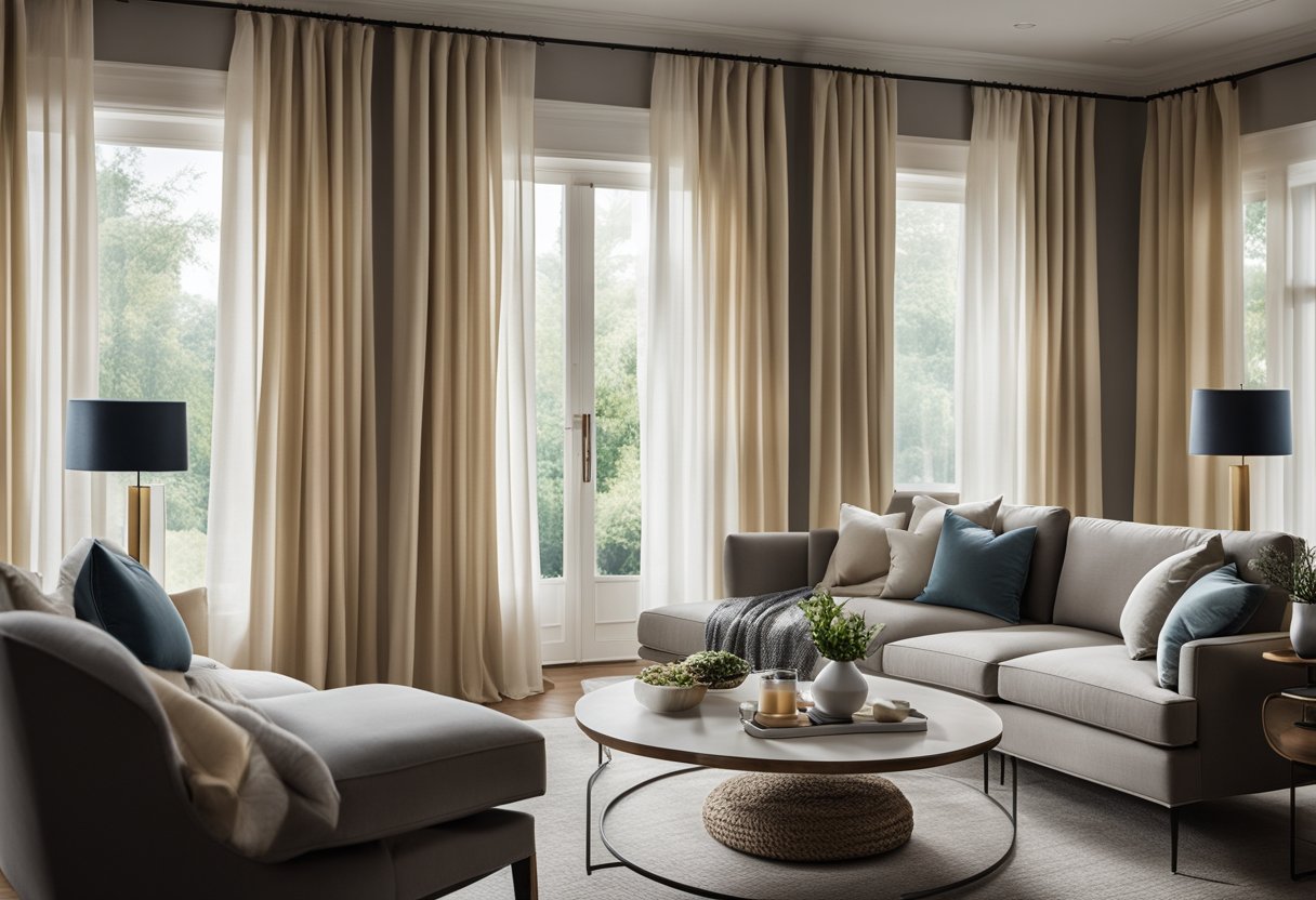 A cozy living room with two sets of curtains, one sheer and one opaque, creating a layered and elegant window treatment